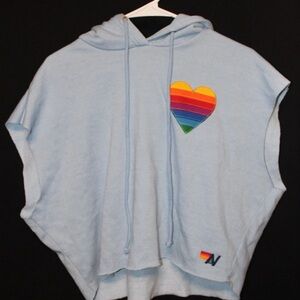 Aviator Nation XS Light Blue Sleeveless Hoodie Poncho – Rainbow Heart Patch